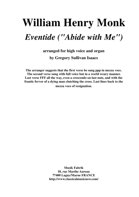 Free Sheet Music William Henry Monk Eventide Abide With Me Arranged For High Voice And Organ