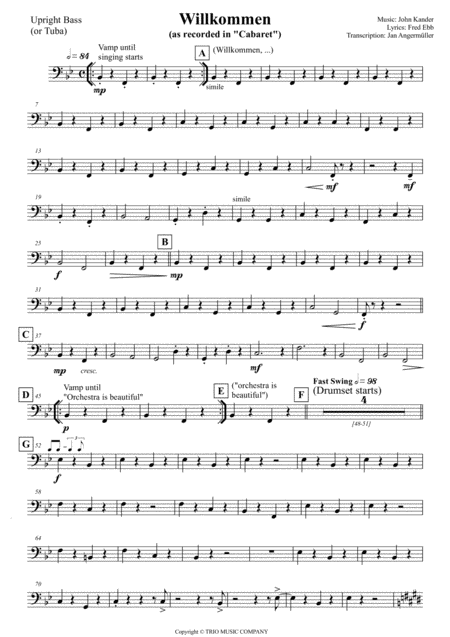 Willkommen From Cabaret Transcription Of The Original Jazz Bass Part Sheet Music