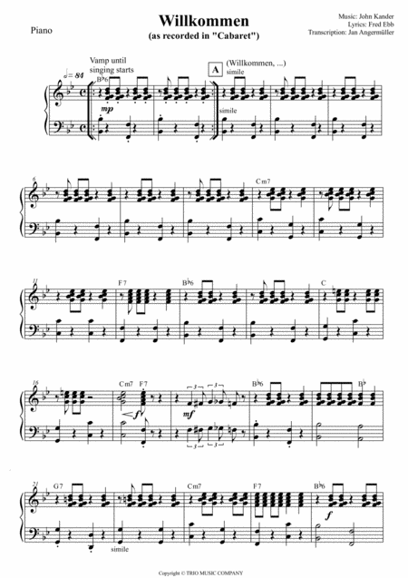 Free Sheet Music Willkommen From Cabaret Transcription Of The Original Piano Part