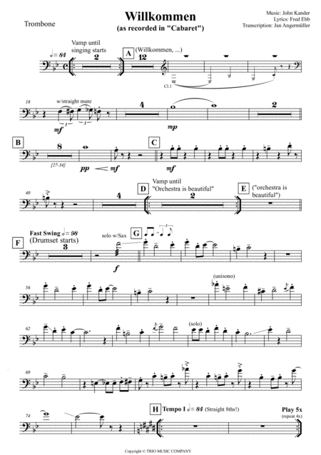 Free Sheet Music Willkommen From Cabaret Transcription Of The Original Trombone Part