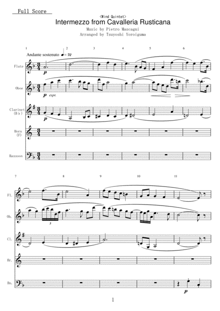 Free Sheet Music Wind Quintet Intermezzo From Cavalleria Rusticana