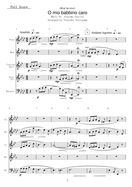 Wind Quintet O Mio Babbino Caro Sheet Music