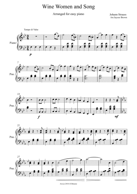 Wine Women And Song For Easy Piano Sheet Music
