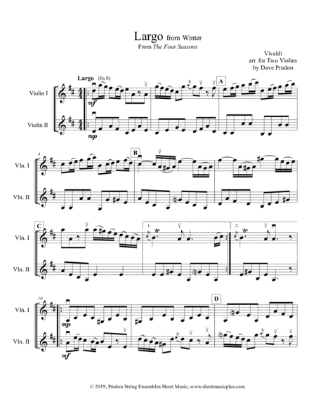 Winter Largo From Four Seasons For Two Violins Sheet Music