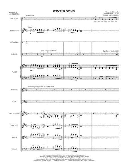 Winter Song Combo And Quartet Parts For Ssa Choral Sheet Music