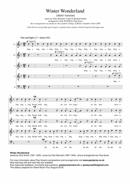 Winter Wonderland Arr Ssatb Short Version Sheet Music