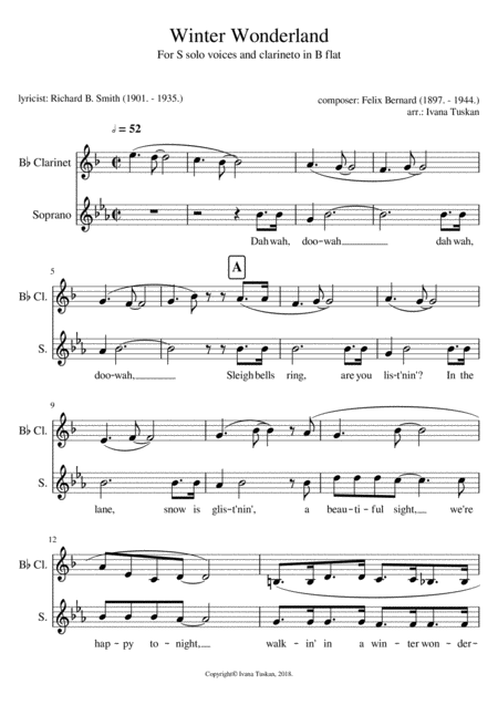 Free Sheet Music Winter Wonderland Fors Solo Voice Or Choir Unison And Clarineto In B Flat