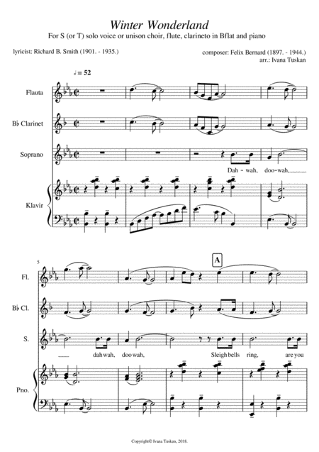 Winter Wonderland Fors Solo Voice Or Choir Unison Flute Clarineto In B Flat And Piano Sheet Music