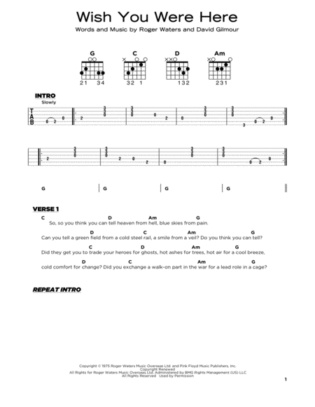 Free Sheet Music Wish You Were Here