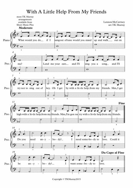 With A Little Help From My Friends Beatles Easy Piano Sheet Music