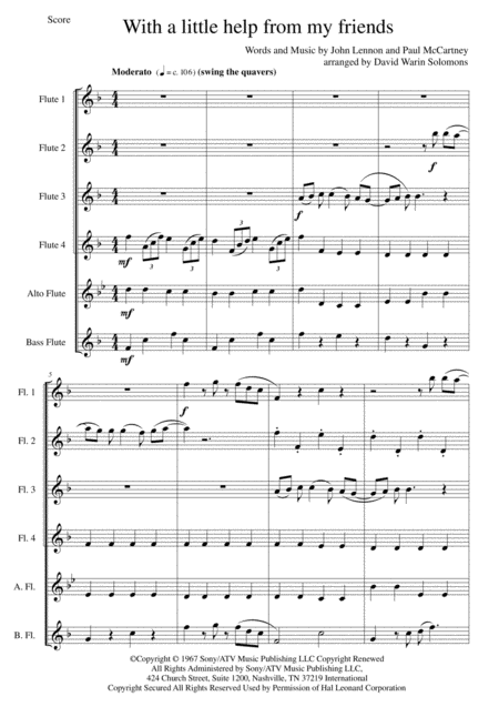 Free Sheet Music With A Little Help From My Friends For Flute Sextet Or Flute Choir