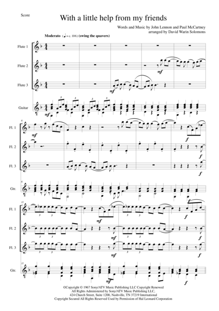 Free Sheet Music With A Little Help From My Friends For Flute Trio And Guitar