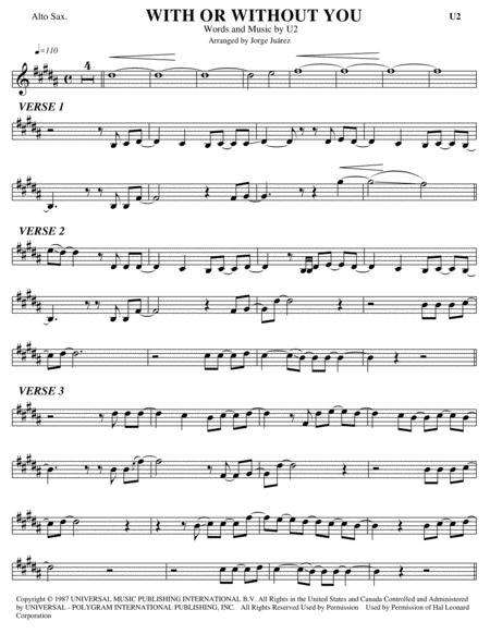 With Or Without You Alto Sax Sheet Music