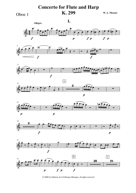 Wolfgang Amadeus Mozart Concerto For Flute And Harp K 299 Oboe 1 Part Sheet Music