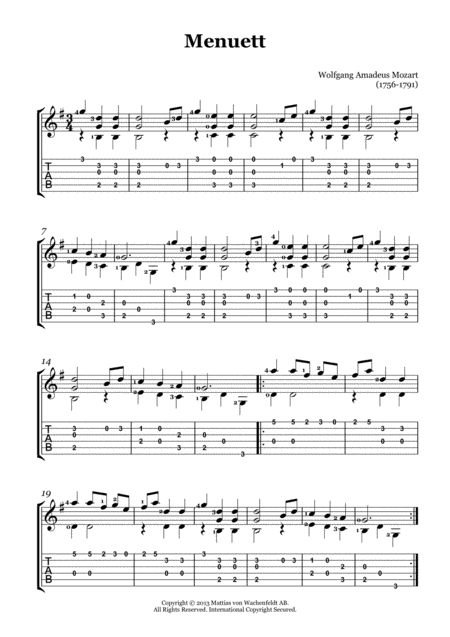 Free Sheet Music Wolfgang Amadeus Mozart Menuett Guitar