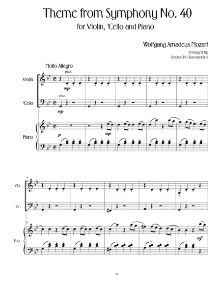 Free Sheet Music Wolfgang Amadeus Mozart Theme From Symphony No 40 For Piano Trio