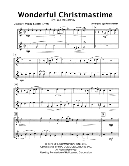 Free Sheet Music Wonderful Christmastime Flute Duet