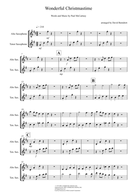 Free Sheet Music Wonderful Christmastime For Alto And Tenor Saxophone Duet