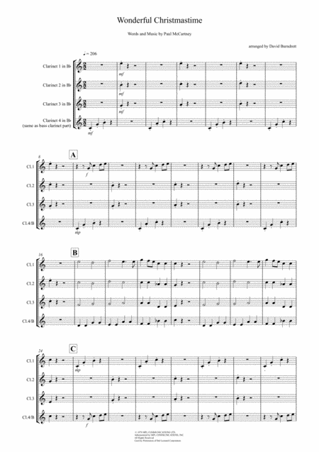 Wonderful Christmastime For Clarinet Quartet Sheet Music