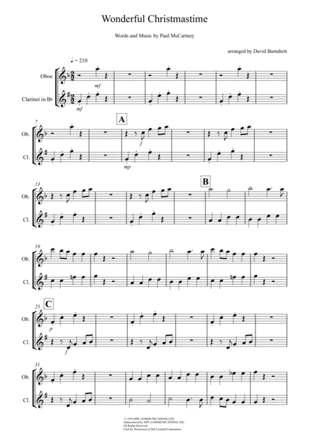 Free Sheet Music Wonderful Christmastime For Oboe And Clarinet Duet