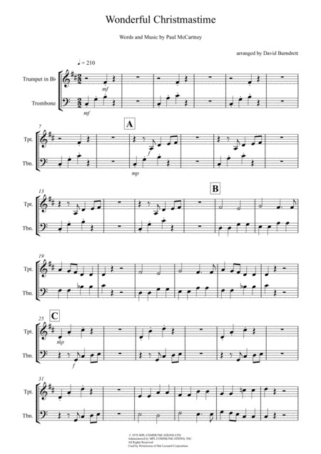 Wonderful Christmastime For Trumpet And Trombone Duet Sheet Music