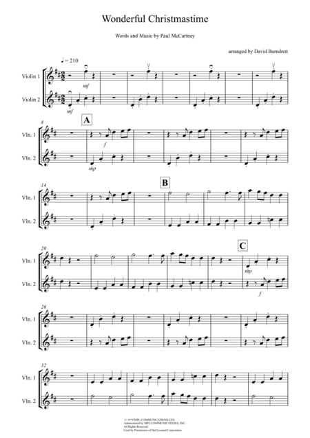 Free Sheet Music Wonderful Christmastime For Violin Duet