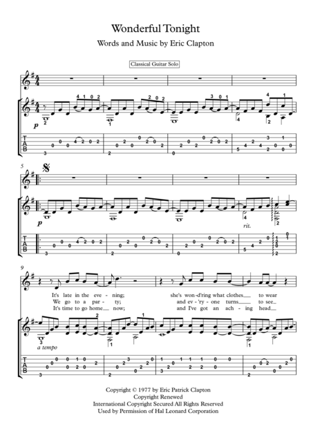 Wonderful Tonight Fingerstyle Guitar Sheet Music