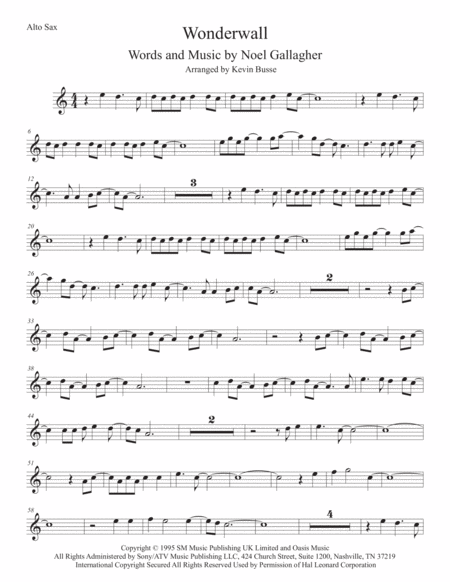 Wonderwall Easy Key Of C Alto Sax Sheet Music