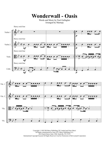 Wonderwall Oasis Arranged For String Quartet Sheet Music