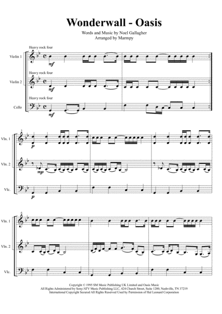 Wonderwall Oasis Arranged For String Trio Sheet Music