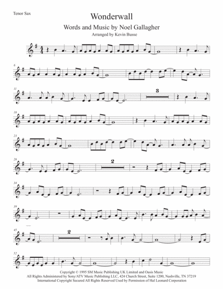 Wonderwall Tenor Sax Sheet Music