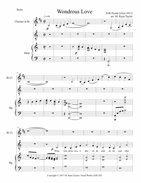 Free Sheet Music Wondrous Love Vocal Solo With Harp Clarinet Obligato