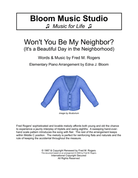 Wont You Be My Neighbor Its A Beautiful Day In The Neighborhood Elementary Piano Arrangement Sheet Music