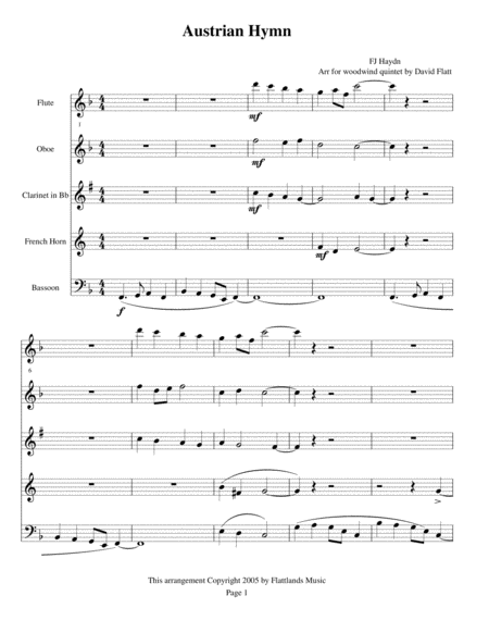 Woodwind Quintet Wedding Music Austrian Hymn Sheet Music