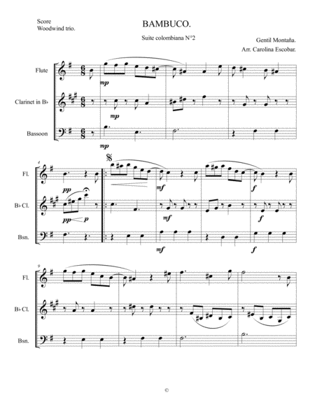 Woodwind Trio Flute Clarinet Bassoon Bambuco Gentil Montaa Suite Colombiana N 2 Sheet Music
