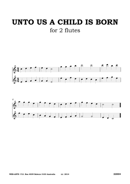 Xmas Unto Us A Child Is Born For 2 Flutes Sheet Music