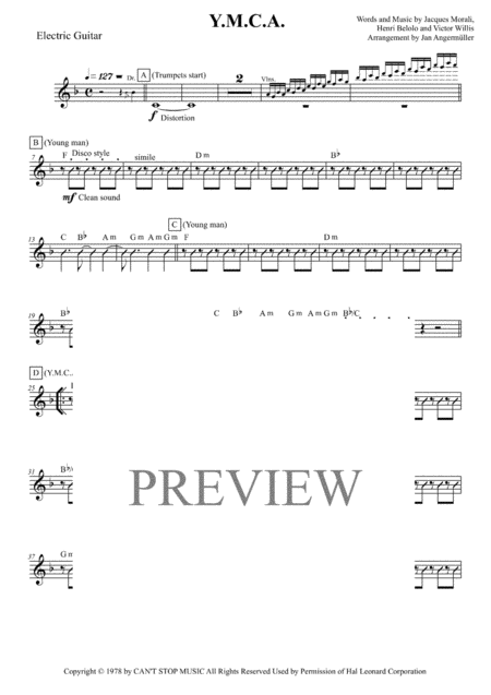 Free Sheet Music Y M C A E Guitar Transcription Of The Original Ymca Recording