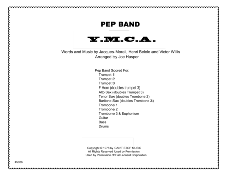 Free Sheet Music Y M C A Pep Band Or Little Big Band