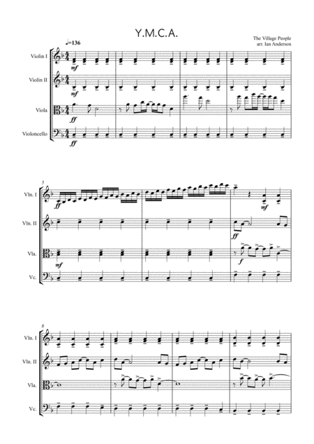 Free Sheet Music Y M C A String Quartet