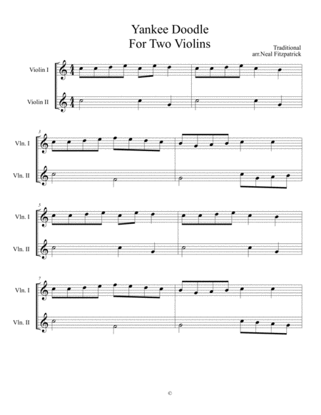 Yankee Doodle For Two Violins Sheet Music