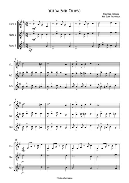 Yellow Bird Calypso Flute Trio Sheet Music