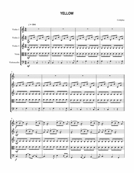 Yellow By Coldplay String Quartet Full Score And Parts Sheet Music