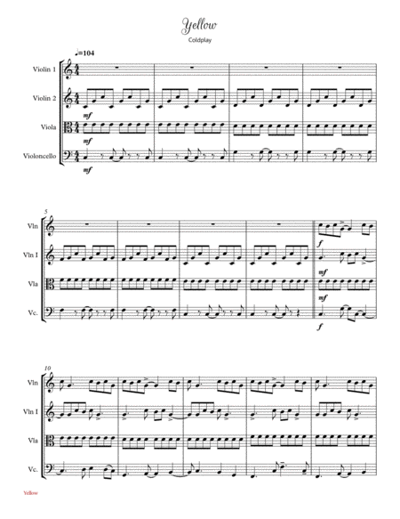 Free Sheet Music Yellow By Coldplay String Quartet