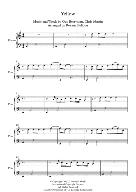 Yellow C Major By Coldplay Easy Piano Sheet Music