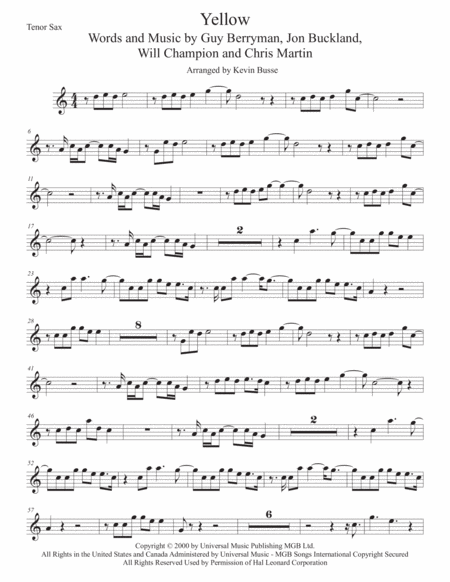 Free Sheet Music Yellow Easy Key Of C Tenor Sax