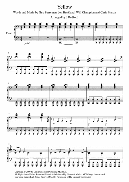 Free Sheet Music Yellow Easy Key Piano Solo