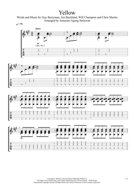 Yellow Fingerstyle Guitar Solo Sheet Music