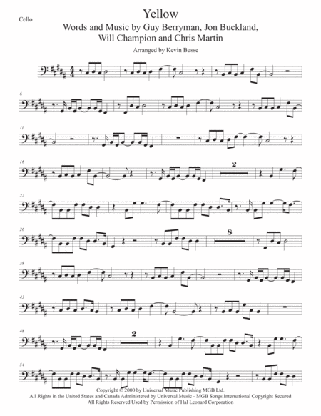 Yellow Original Key Cello Sheet Music