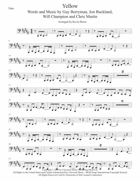 Free Sheet Music Yellow Original Key Tuba