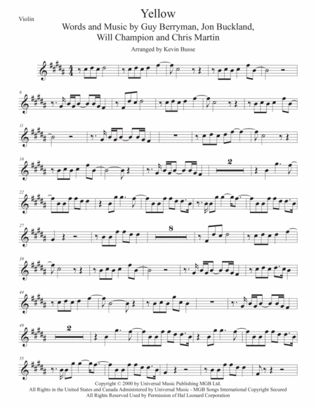 Yellow Original Key Violin Sheet Music